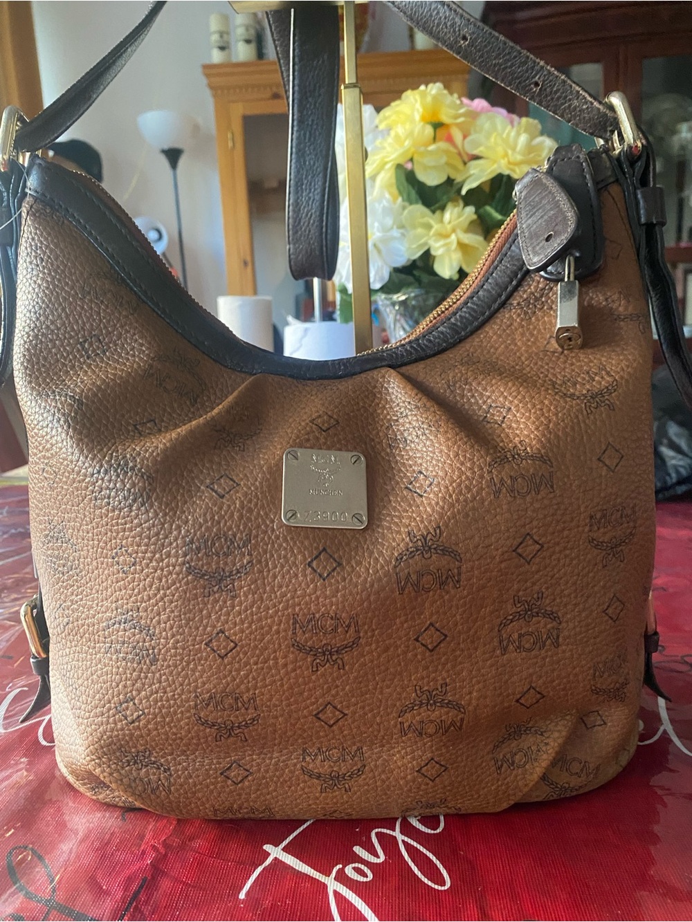 MCM Brown Visetos Monogram Hobo Bag with Gold Plaque